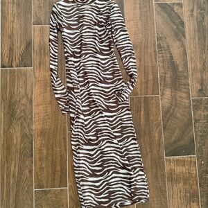 STAUD Brown and White Zebra Long Sleeve Dress